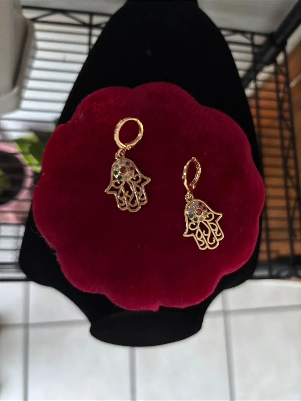 Gold Hamsa Drop Earrings with Multicolor Stones